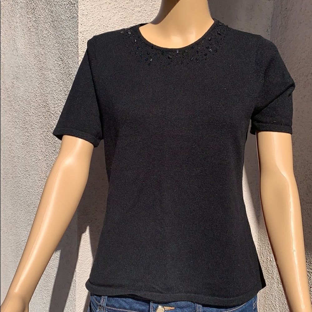 Focus 2000 Black Scoop Sequin Sparkle Neckline Woman Large Short Sleeve Sweater